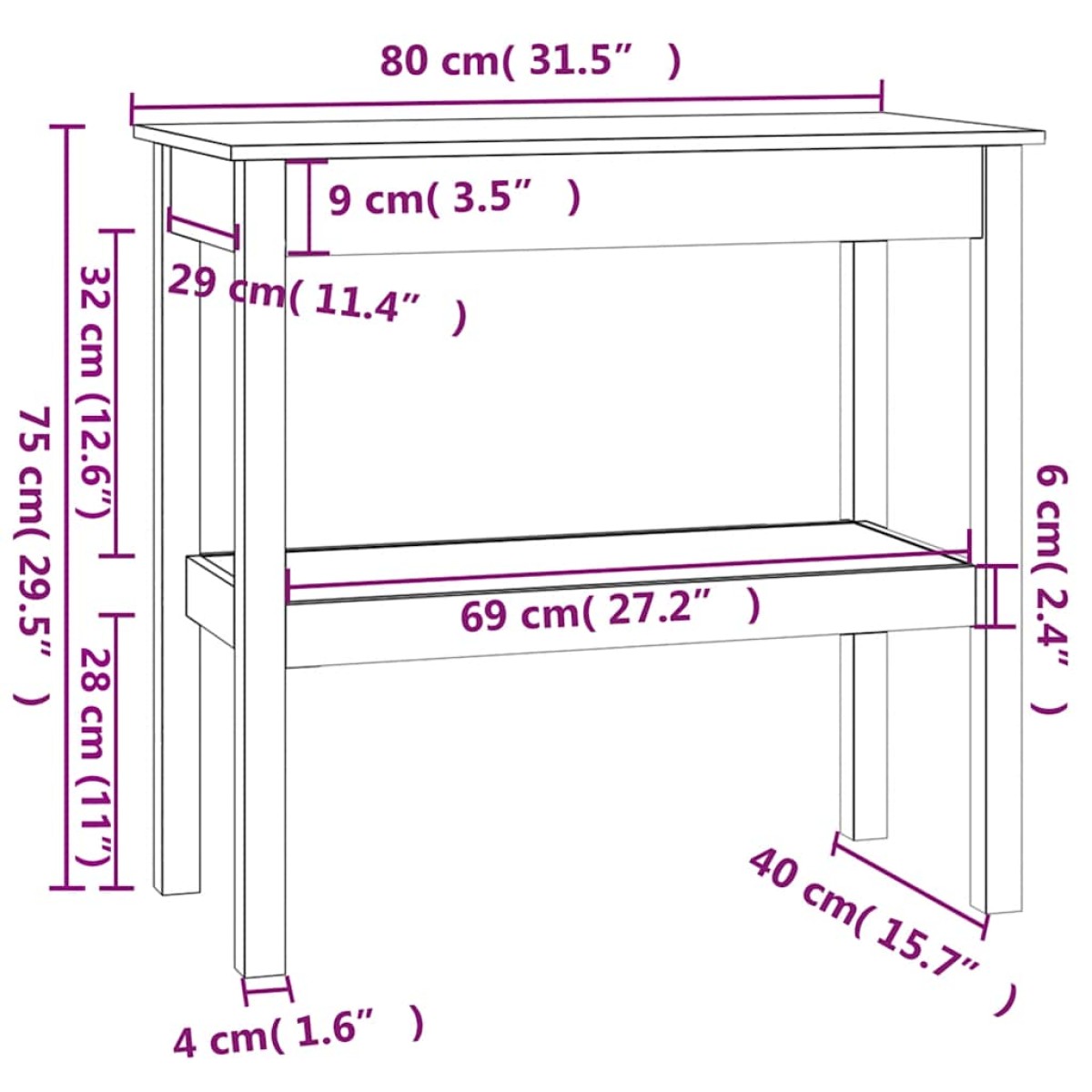 vidaXL Τραπέζι κονσόλα άσπρο 80x40x75 εκ. από Μασίφ Ξύλο Πεύκου