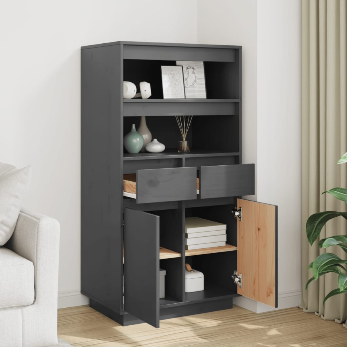vidaXL Ντουλάπι Ψηλό Γκρι 60x40x116,5 εκ. από Μασίφ Ξύλο Πεύκου