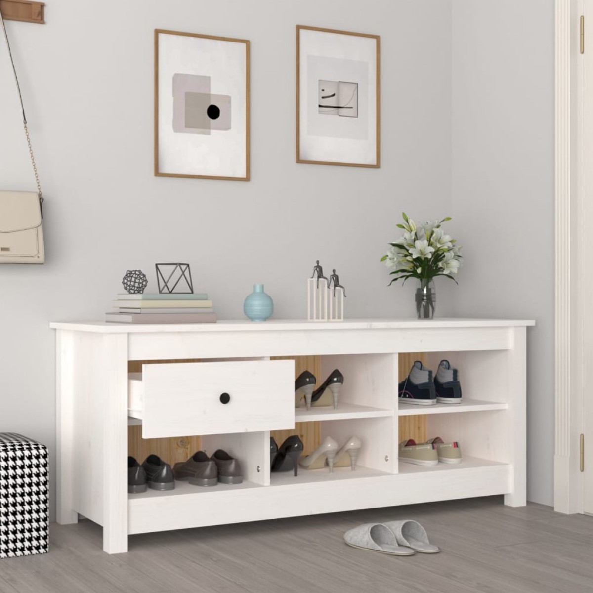 vidaXL Παπουτσοθήκη Λευκή 110 x 38 x 45,5 εκ. από Μασίφ Ξύλο Πεύκου