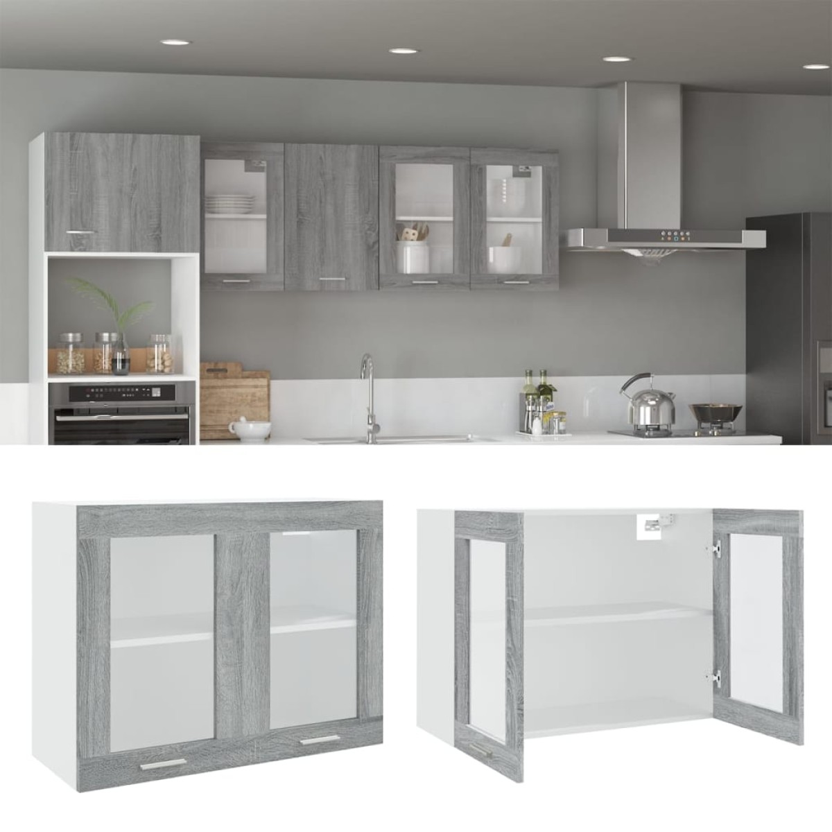 vidaXL Κρεμαστό Ντουλάπι Γυάλινο Γκρι Sonoma 80x31x60 εκ. Επεξ. Ξύλο