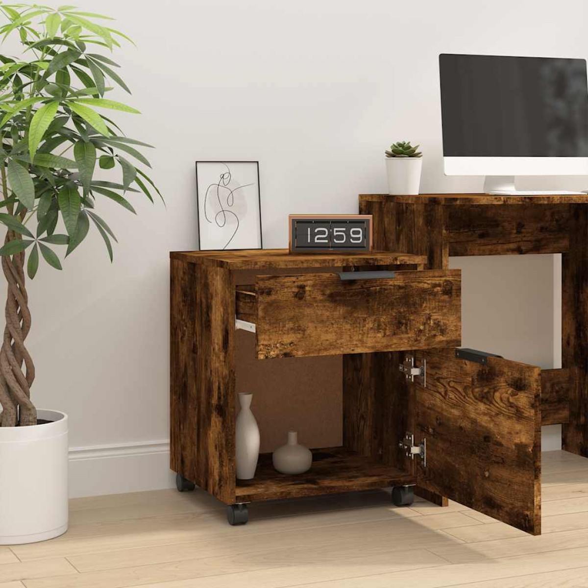 vidaXL Αρχειοθήκη Φορητή Καπνιστή Δρυς 45x38x54 εκ Επεξ. Ξύλο με Ρόδες