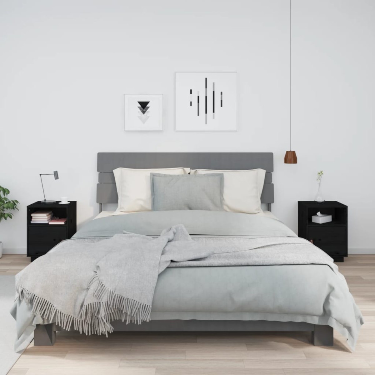 vidaXL Κομοδίνα 2 τεμ. Μαύρα40x34x55 εκ. από Μασίφ Ξύλο Πεύκου