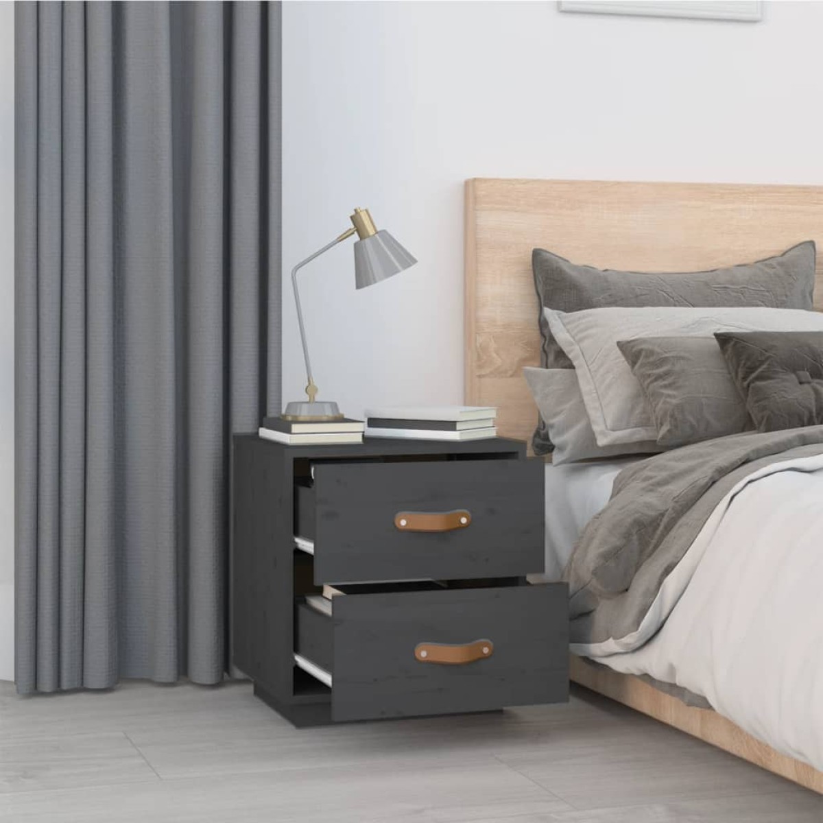 vidaXL Κομοδίνο Γκρι 40 x 34 x 45 εκ. από Μασίφ Ξύλο Πεύκου