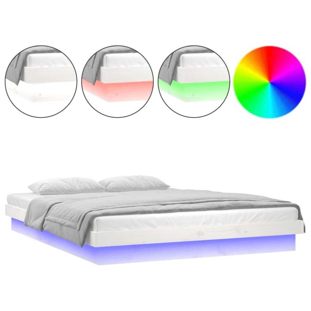 vidaXL Πλαίσιο Κρεβατιού με LED Λευκό 135x190 εκ. Διπλό Μασίφ Ξύλο