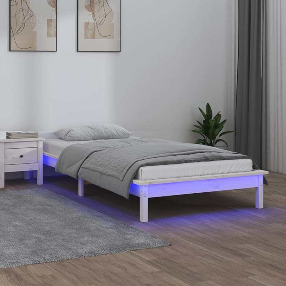 vidaXL Πλαίσιο Κρεβατιού LED Λευκό 90 x 190 εκ. Μονό Μασίφ Ξύλο