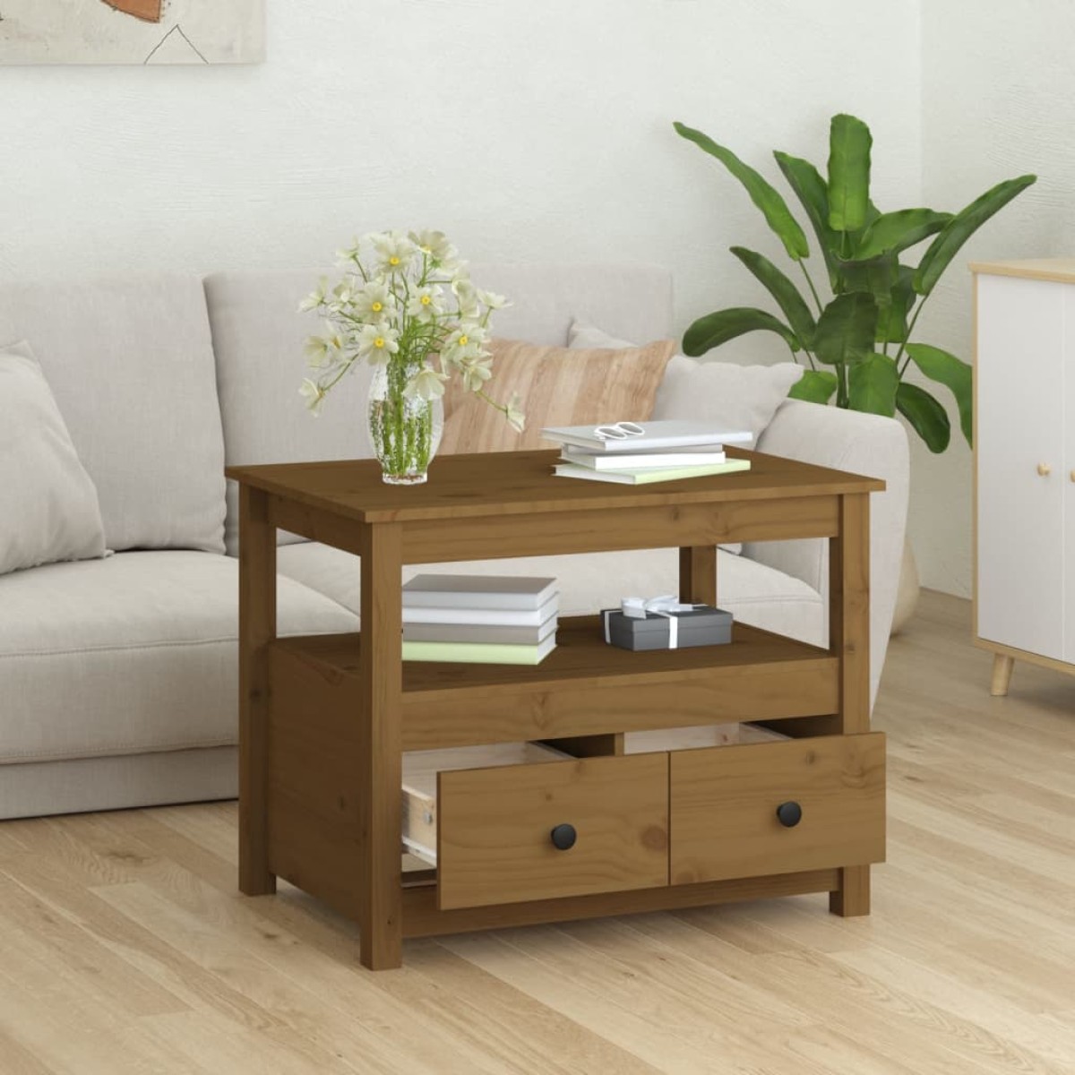 vidaXL Τραπεζάκι Σαλονιού Καφέ Μελί 71 x 49 x 55 εκ. Μασίφ Ξύλο Πεύκου