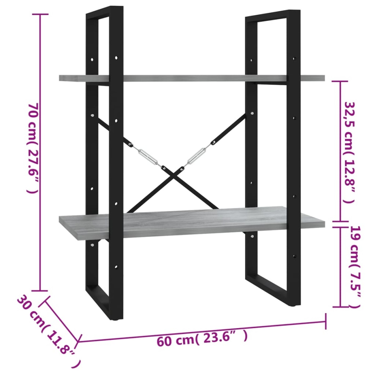vidaXL Βιβλιοθήκη με 2 Ράφια Γκρι Sonoma 60x30x70 εκ. Επεξεργ. Ξύλο