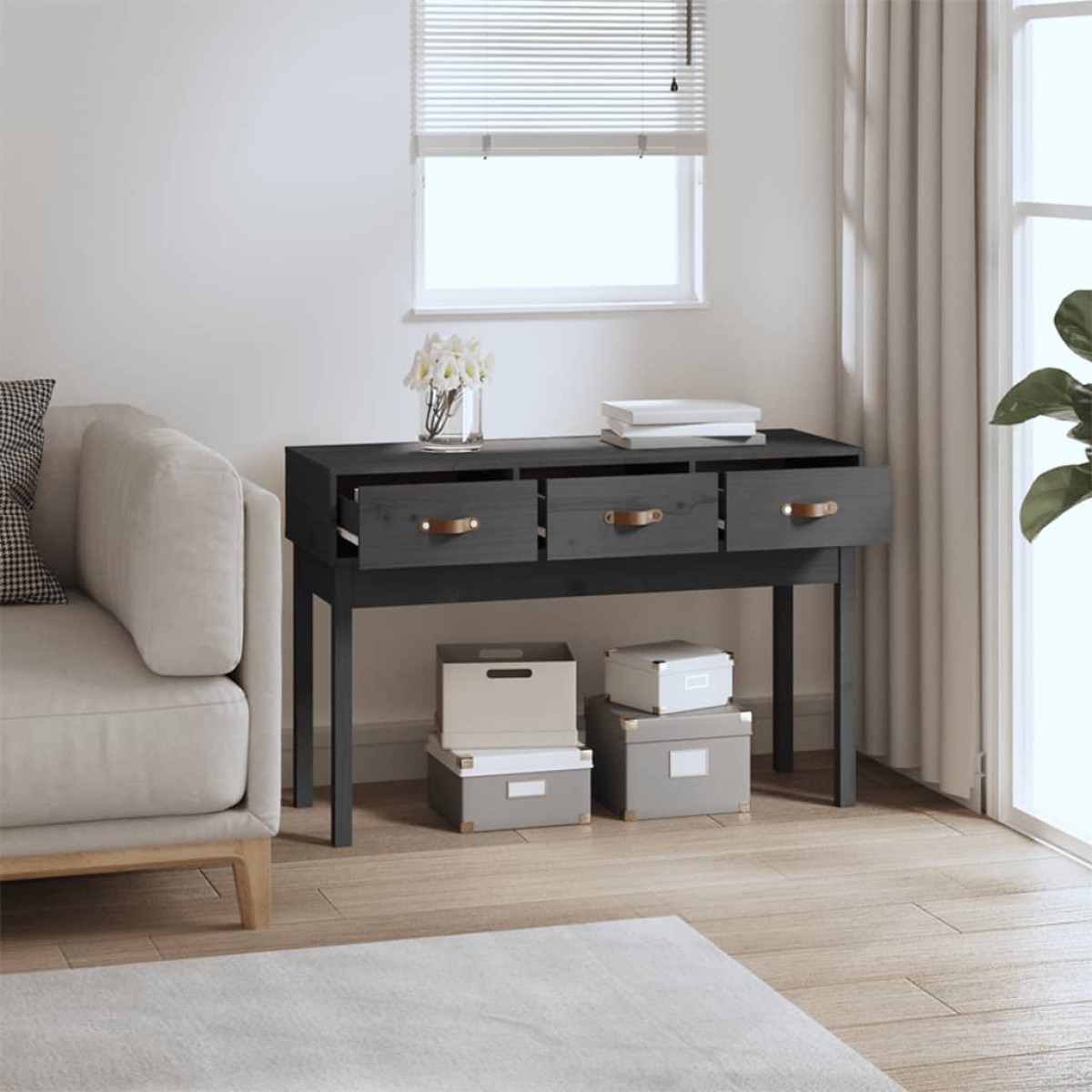 vidaXL Τραπέζι Κονσόλα Γκρί 114x40x75 εκ. από Μασίφ Ξύλο Πεύκου