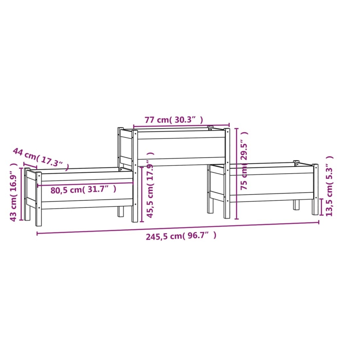 vidaXL Ζαρντινιέρα Γκρι 245,5x44x75 εκ. από Μασίφ Ξύλο Πεύκου