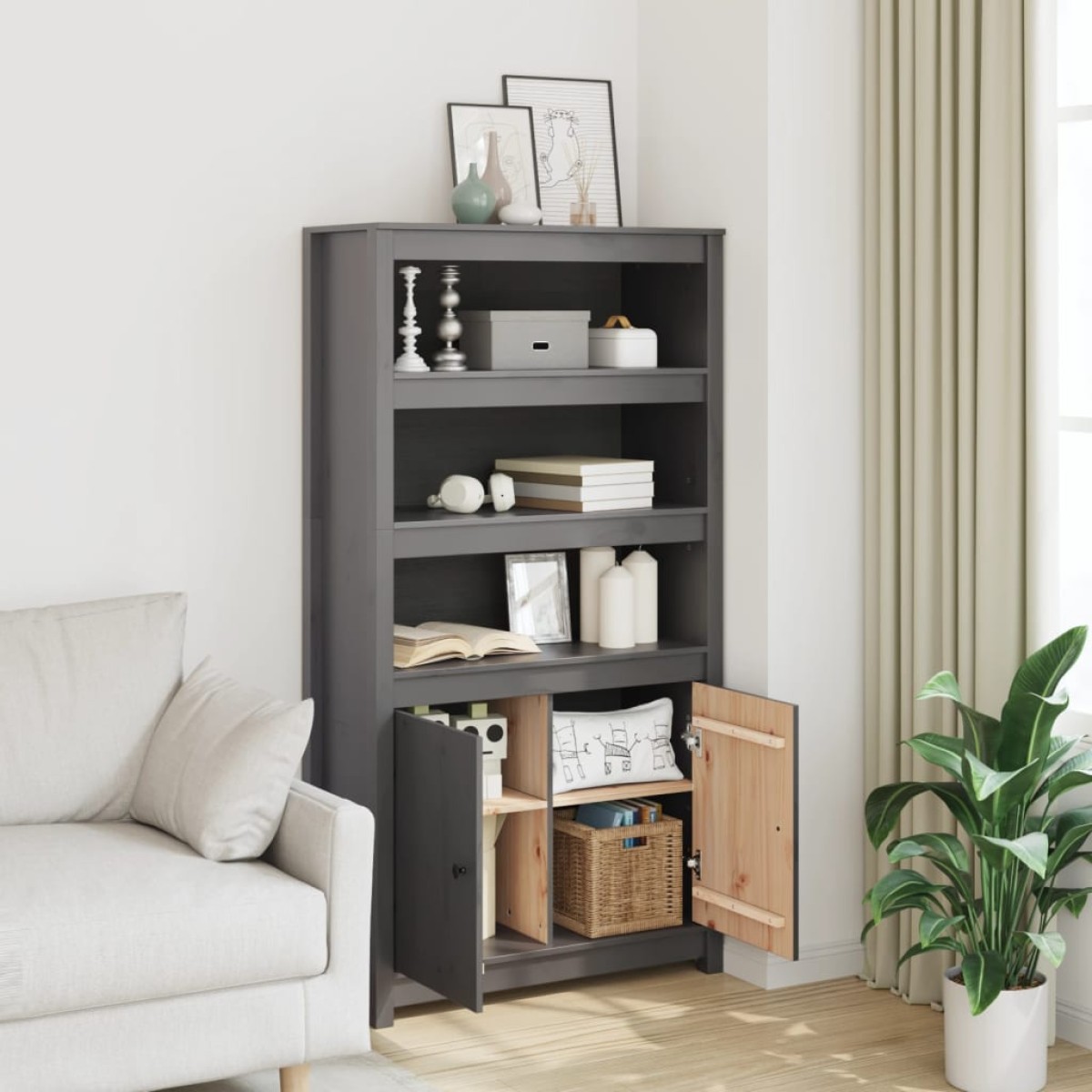 vidaXL Ντουλάπι Ψηλό Γκρι 80x35x154 εκ. από Μασίφ Ξύλο Πεύκου