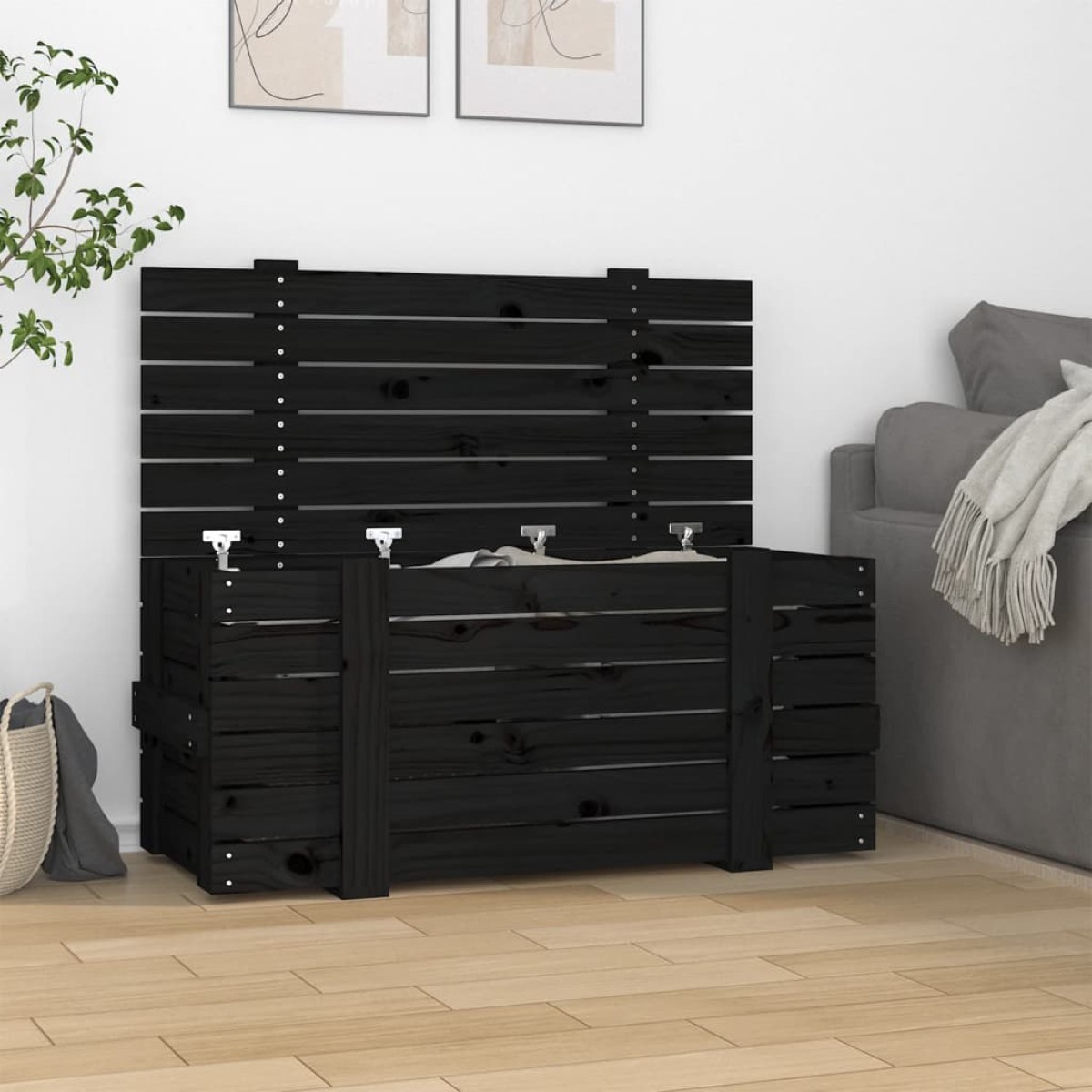 vidaXL Κουτί Αποθήκευσης Μαύρα 91x40,5x42 εκ. Μασίφ Ξύλο Πεύκου