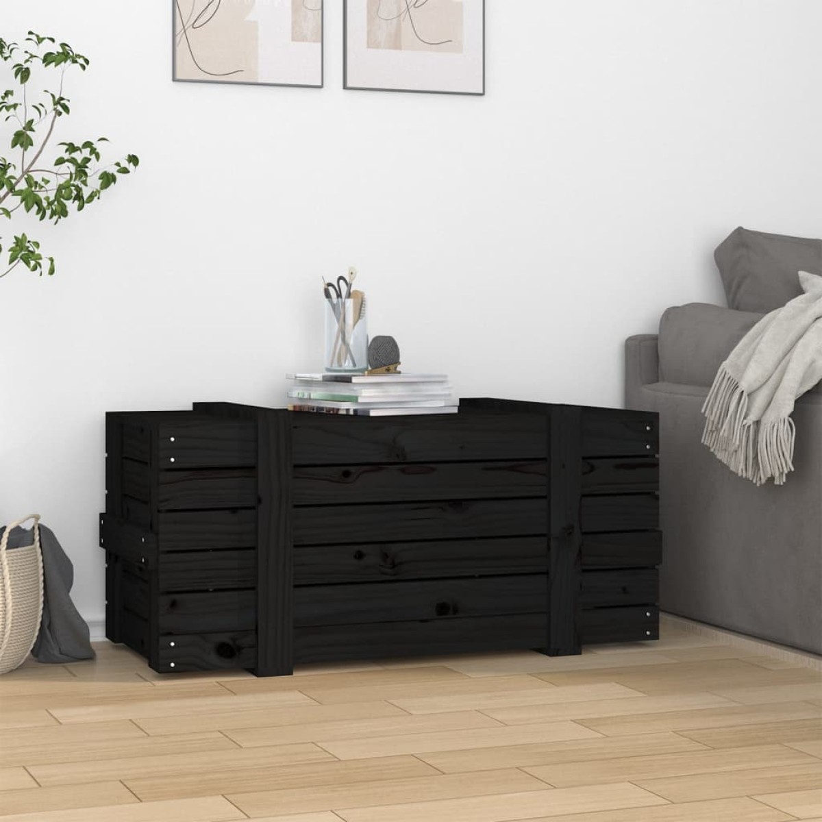 vidaXL Κουτί Αποθήκευσης Μαύρα 91x40,5x42 εκ. Μασίφ Ξύλο Πεύκου