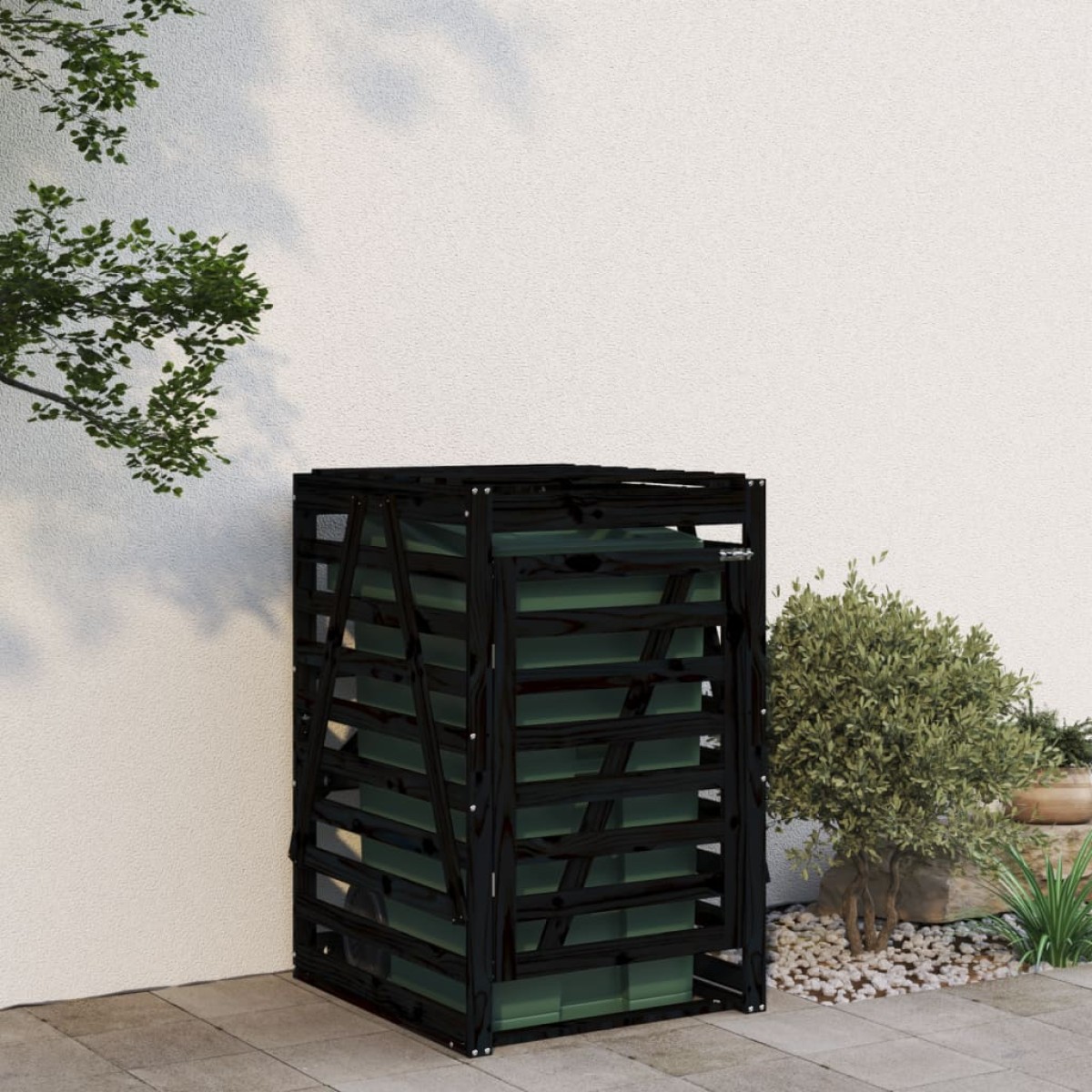 vidaXL Αποθ. Τροχήλατου Κάδου Μαύρη 84x90x128,5 εκ. Μασίφ Ξύλο Πεύκου