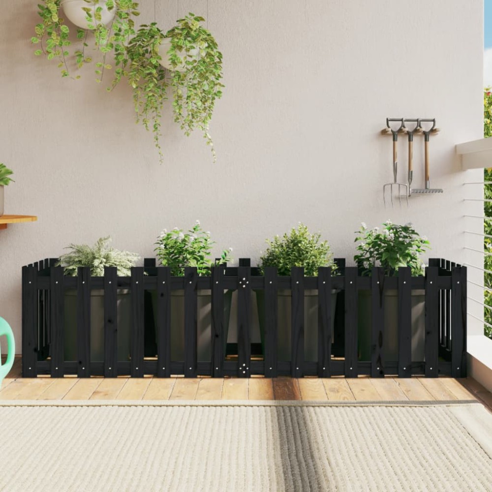 vidaXL Ζαρντινιέρα με Σχέδιο Φράχτη Μαύρη 200x50x50 εκ. Μασίφ Πεύκο