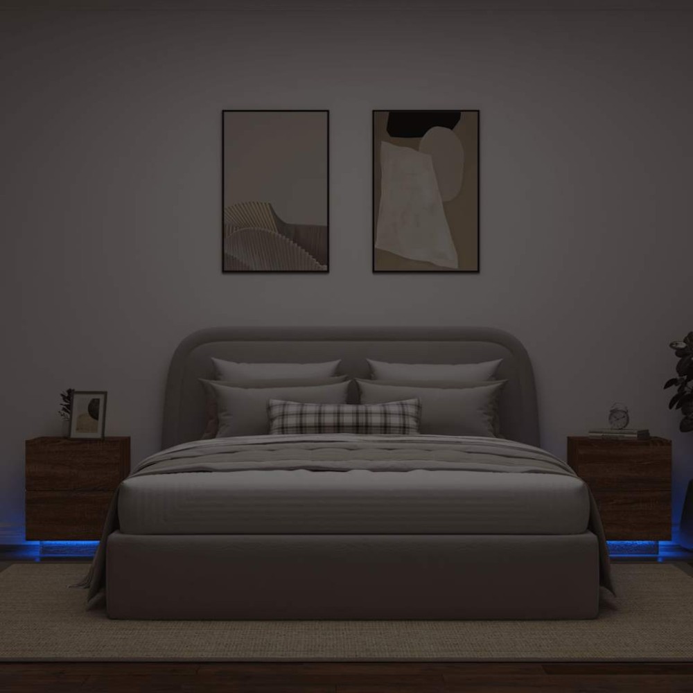 vidaXL Κομοδίνα με Φώτα LED 2 τεμ. Καφέ Δρυς από Επεξεργασμένο Ξύλο