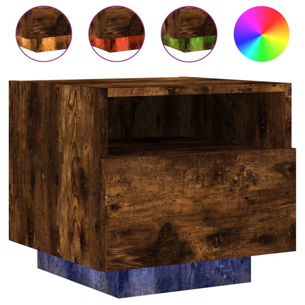 vidaXL Κομοδίνο με Φώτα LED Καπνιστή Δρυς 40 x 39 x 37 εκ.
