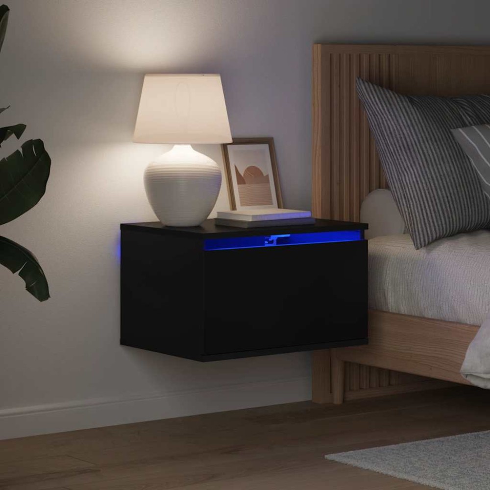 vidaXL Κομοδίνο Επιτοίχιο με Φώτα LED Μαύρο