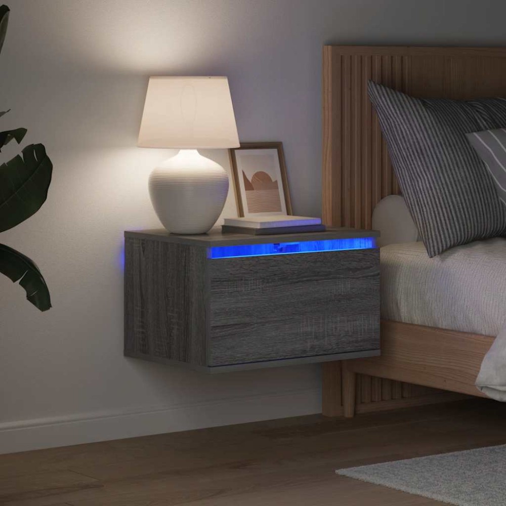 vidaXL Κομοδίνο Επιτοίχιο με Φώτα LED Γκρι Sonoma