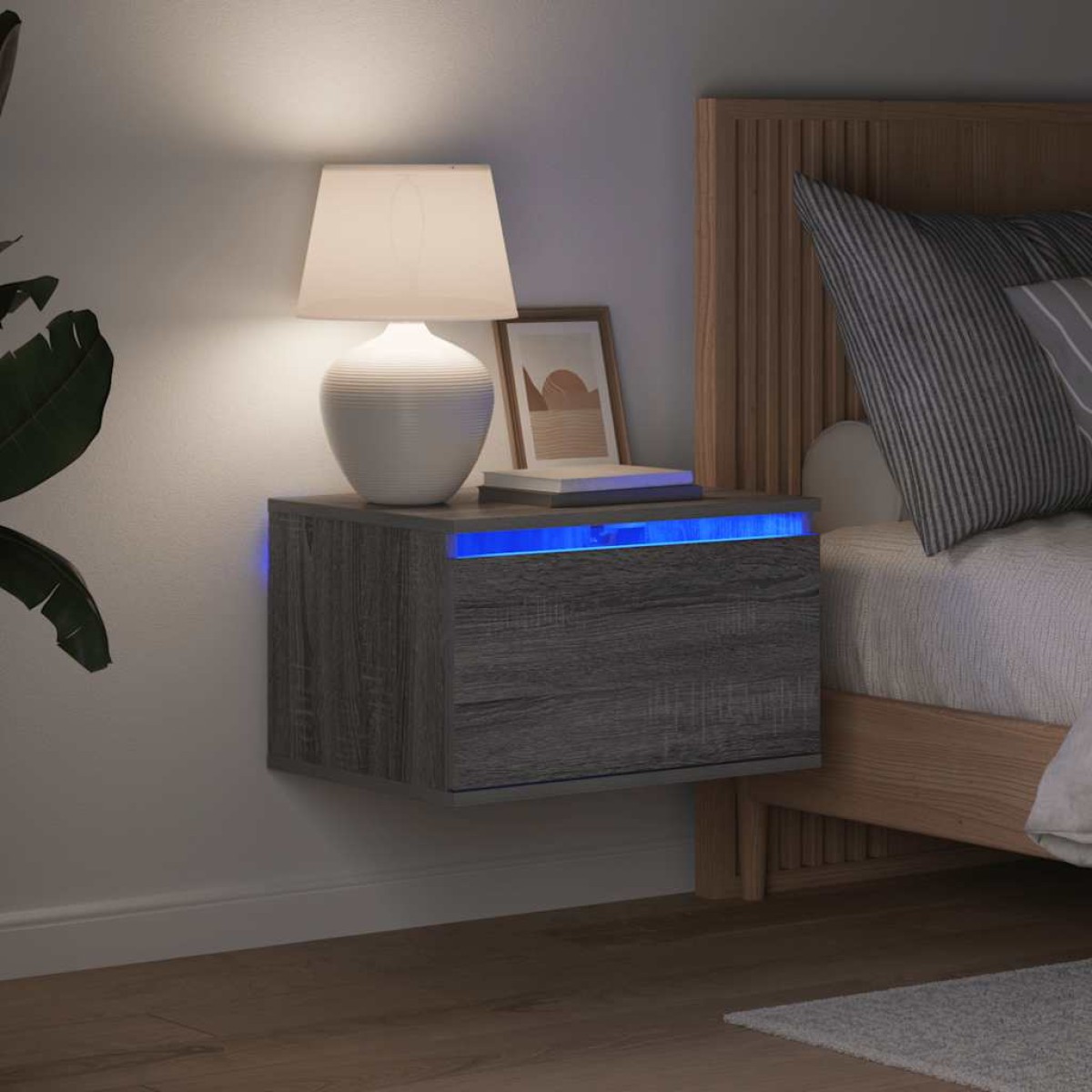 vidaXL Κομοδίνα Επιτοίχια με Φώτα LED 2 τεμ. Γκρι Sonoma