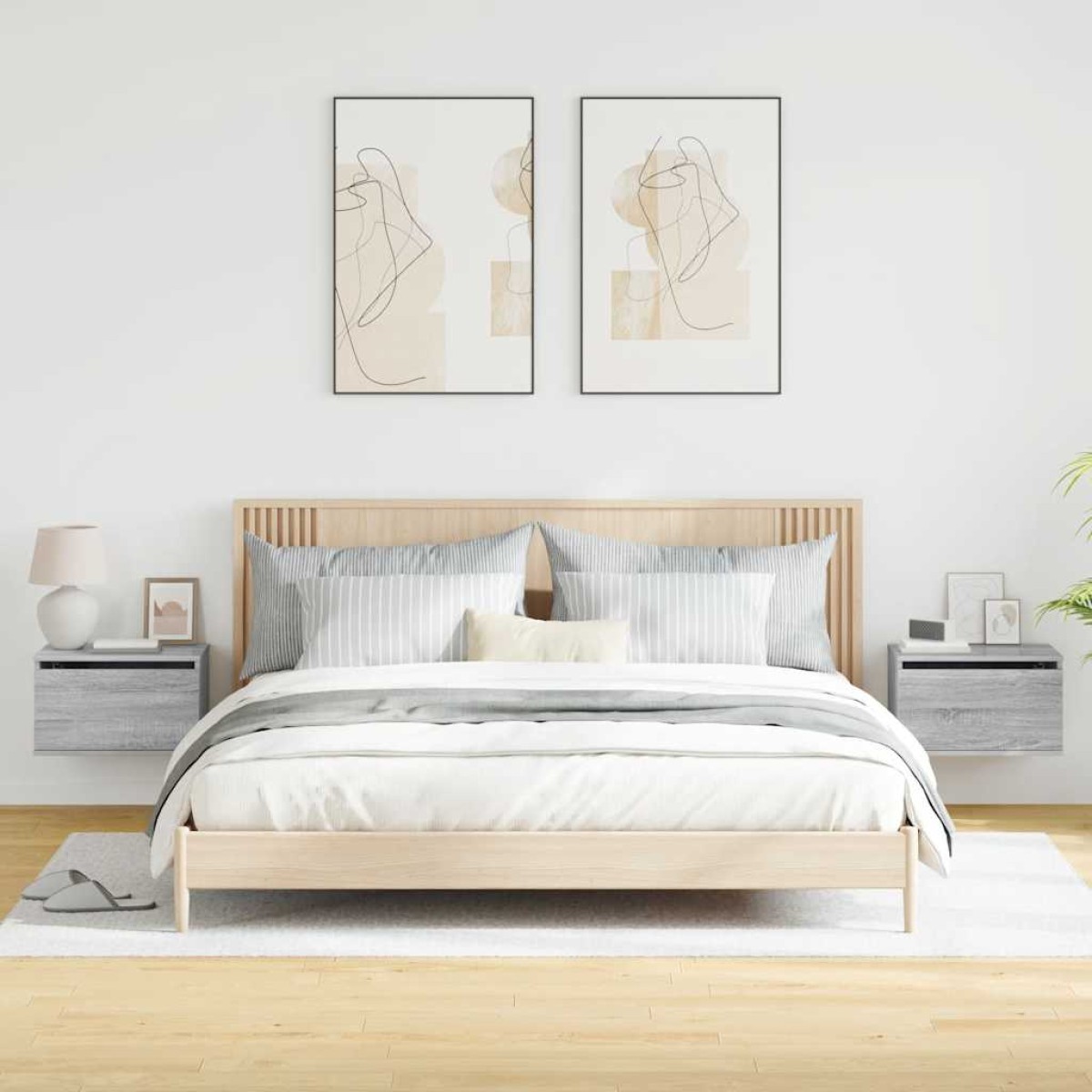 vidaXL Κομοδίνα Επιτοίχια με Φώτα LED 2 τεμ. Γκρι Sonoma