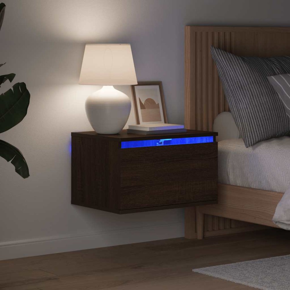 vidaXL Κομοδίνα Επιτοίχια με Φώτα LED 2 τεμ. Καφέ Δρυς