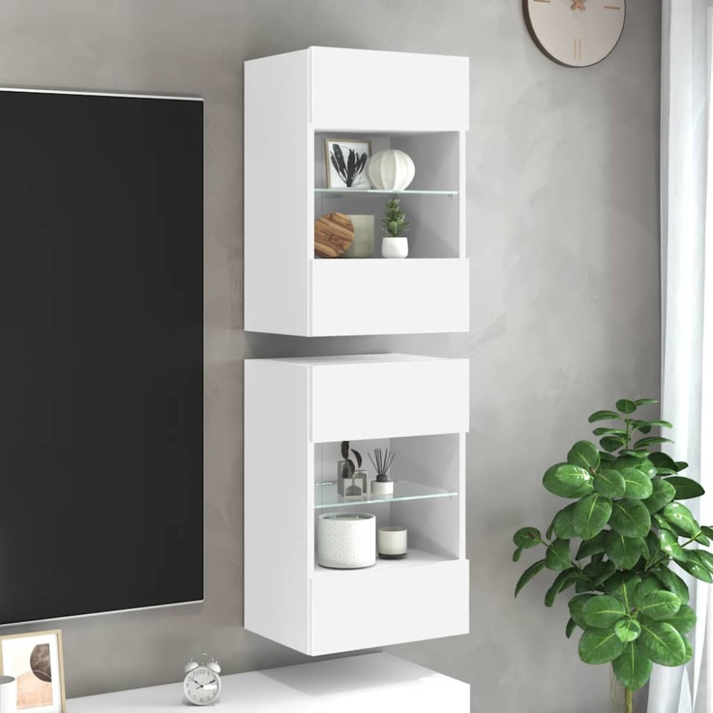vidaXL Κρεμαστά ντουλάπια με φώτα LED για τηλεόραση 2 Τεμ. Λευκά 40x30x60,5 εκ.
