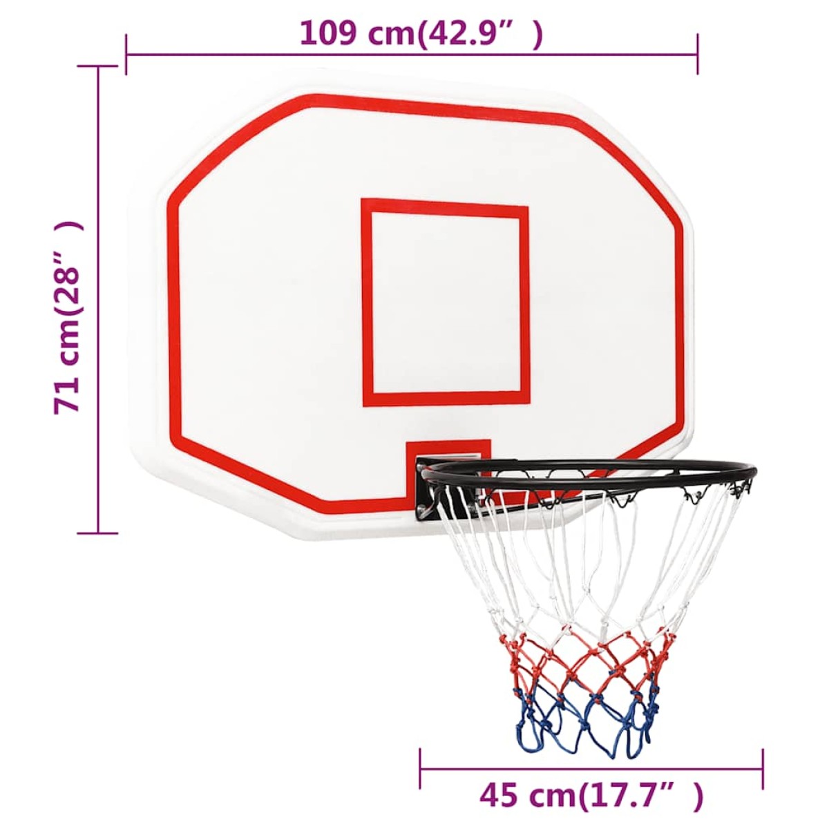 vidaXL Ταμπλό Μπασκέτας Λευκό 109 x 71 x 3 εκ. από Πολυαιθυλένιο
